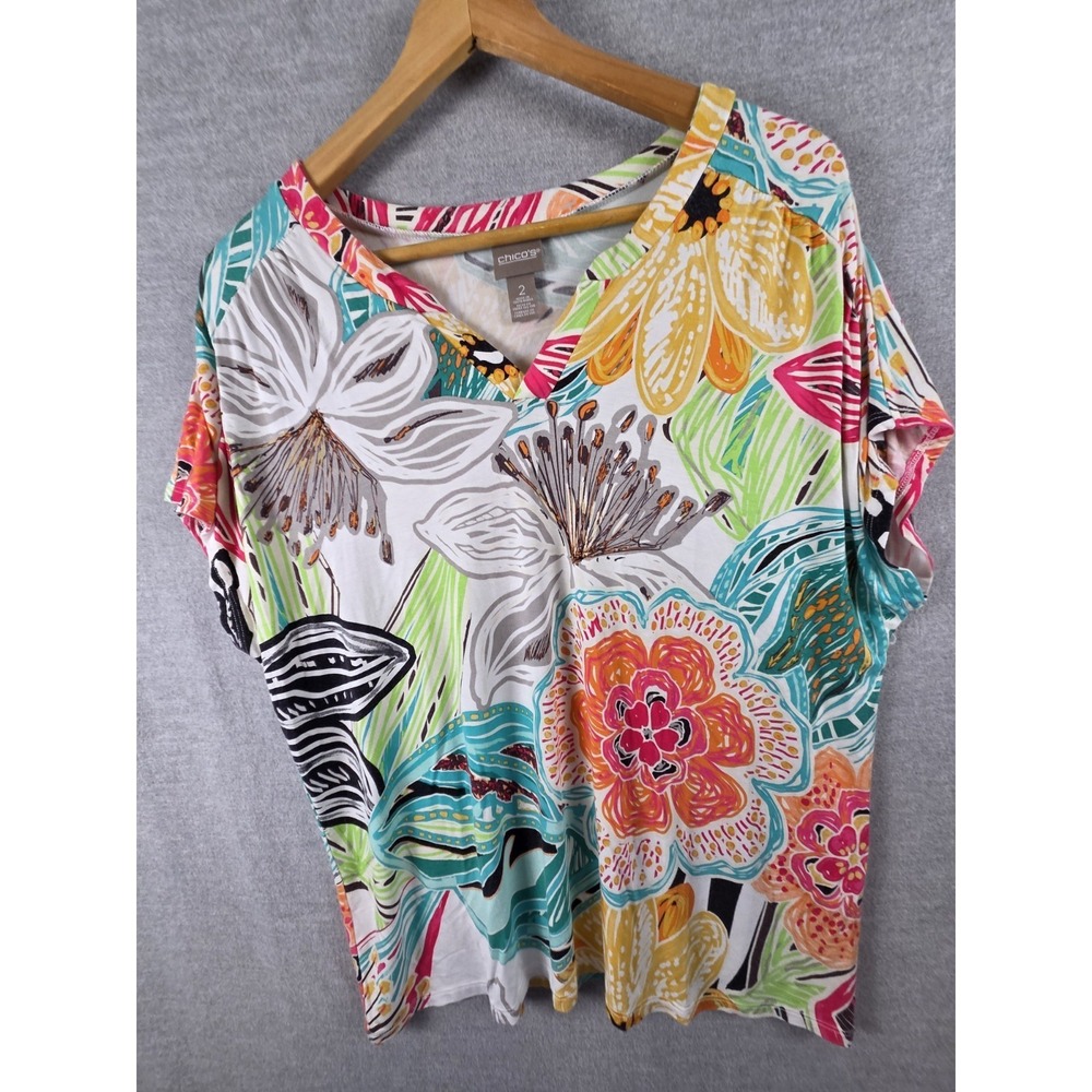 Chicos‎ 2 Womens Top Size L Graphic Art Floral Print Colorful V Neck Boho Shirt